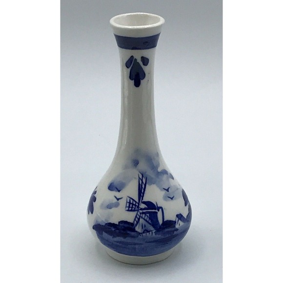Elesva Holland Blue/White Porcelain Windmill Floral Reverse Vase 5 1/2" - Picture 1 of 7